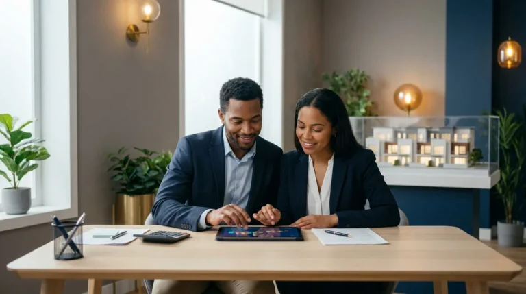Couple souriant consulte une tablette pour un investissement locatif 2026. Une maquette d'immeubles est en arrière-plan.