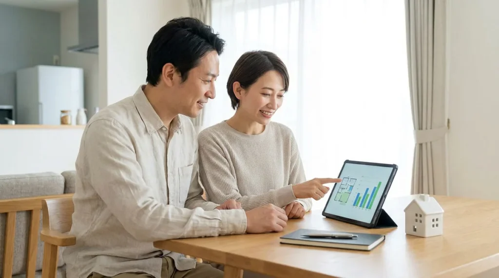 Un couple souriant consulte un plan de maison et des graphiques financiers sur une tablette à leur domicile.