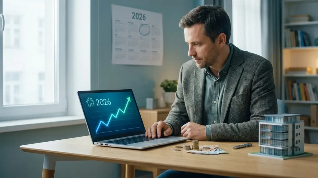 Homme devant PC portable affichant graphiques immobiliers et année 2026. Billets, pièces et maquette immeuble sur le bureau.