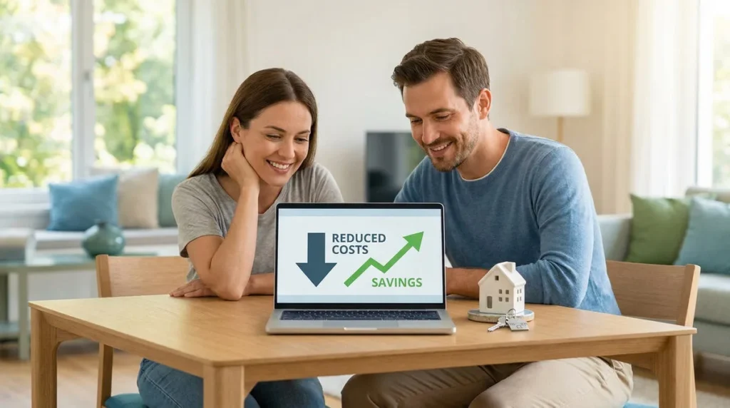 Couple souriant devant un ordinateur affichant une réduction des coûts et des économies avec une figurine de maison.
