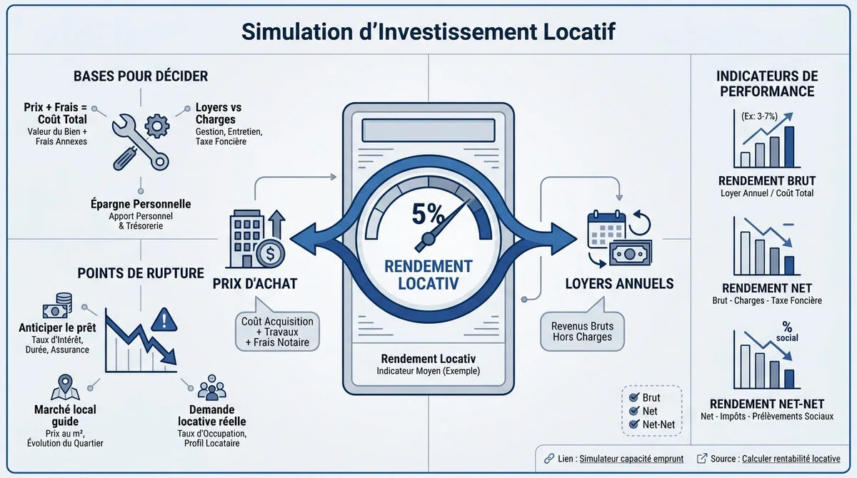 Graphique de simulation d'investissement locatif et calcul de rendement