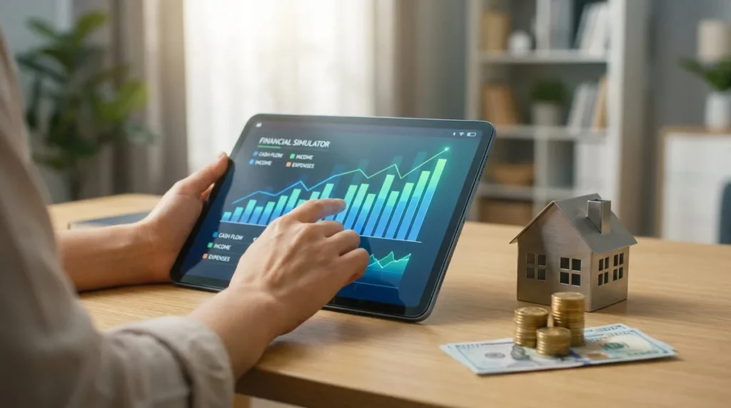 Une personne utilise un simulateur financier de cash flow sur tablette, avec une maquette de maison et de l'argent sur la table.