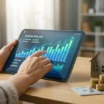 Une personne utilise un simulateur financier de cash flow sur tablette, avec une maquette de maison et de l'argent sur la table.