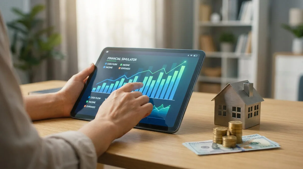 Une personne utilise un simulateur financier de cash flow sur tablette, avec une maquette de maison et de l'argent sur la table.