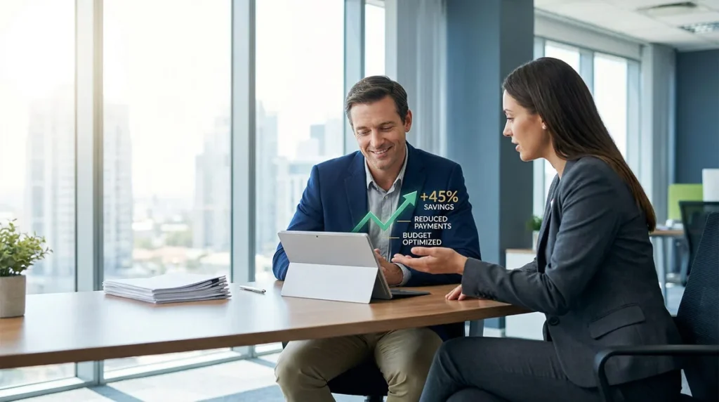 Un homme et une femme en réunion professionnelle analysent des gains financiers sur une tablette numérique.