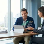 Un homme et une femme en réunion professionnelle analysent des gains financiers sur une tablette numérique.