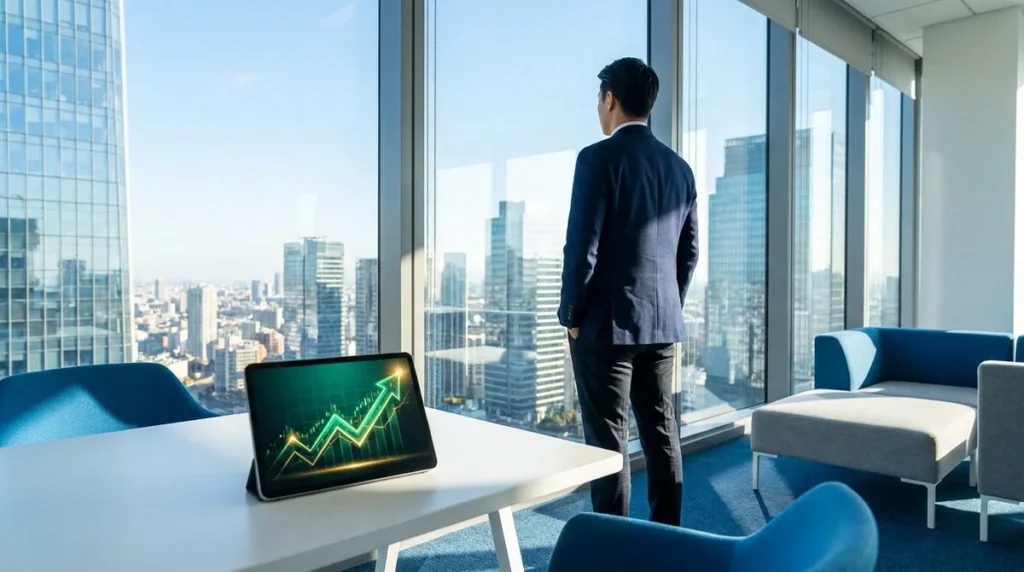 Homme en costume regarde la ville depuis un bureau moderne. Une tablette affiche un graphique financier en croissance.