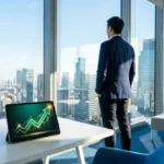 Homme en costume regarde la ville depuis un bureau moderne. Une tablette affiche un graphique financier en croissance.