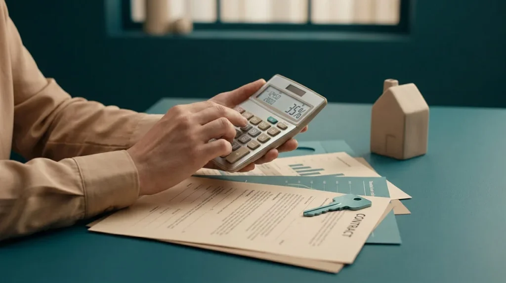 Une personne utilisant une calculatrice sur un bureau avec un contrat, une clé et une petite figurine de maison en bois.