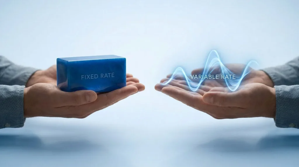 Deux mains présentent un bloc solide pour le taux fixe et une onde lumineuse dynamique pour le taux variable.