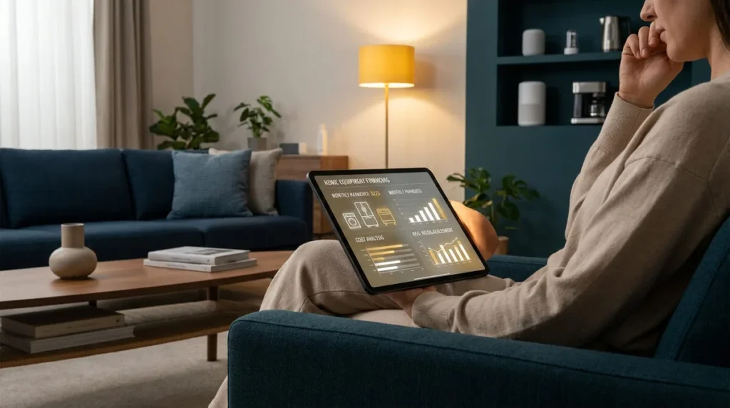 Une personne assise dans un salon cosy consulte des données financières sur l'équipement de la maison via une tablette.