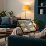 Une personne assise dans un salon cosy consulte des données financières sur l'équipement de la maison via une tablette.