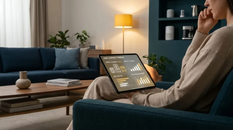 Une personne assise dans un salon cosy consulte des données financières sur l'équipement de la maison via une tablette.