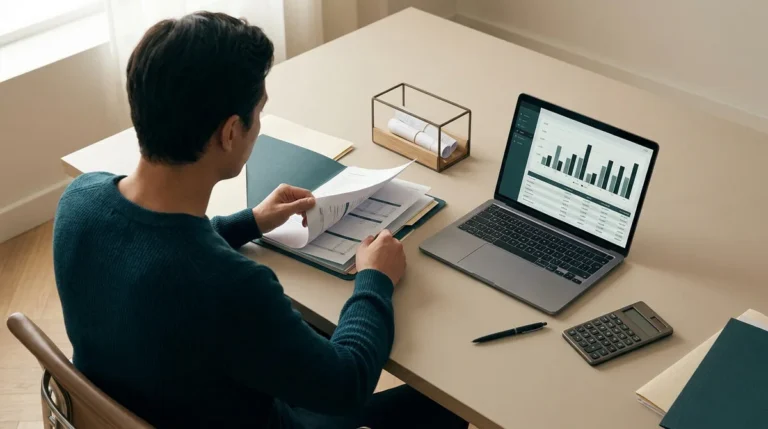 Un homme consulte des documents financiers et un graphique sur ordinateur pour préparer son budget.