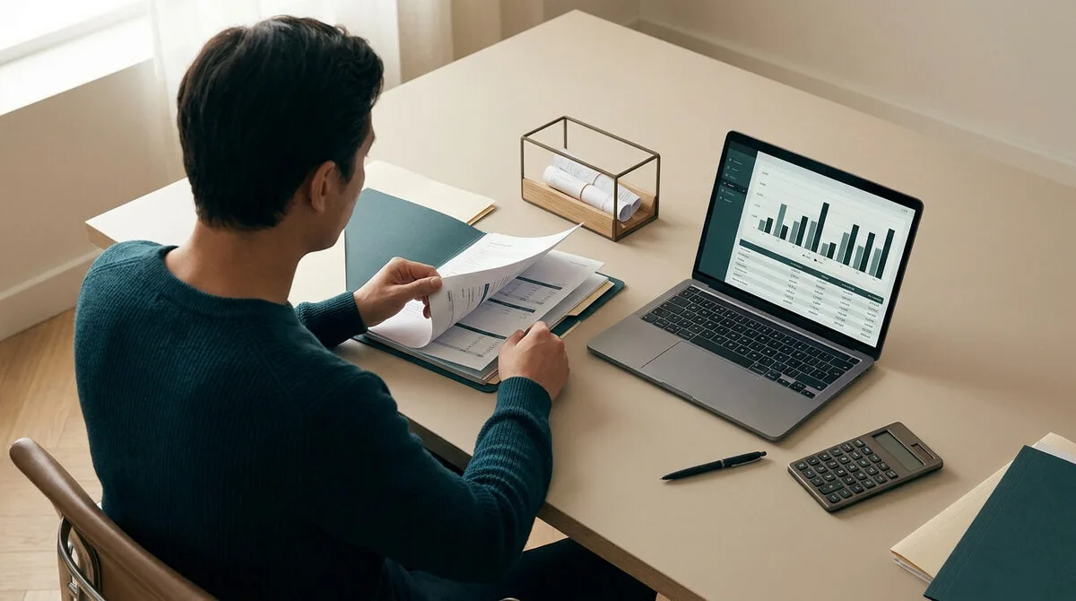 Un homme consulte des documents financiers et un graphique sur ordinateur pour préparer son budget.