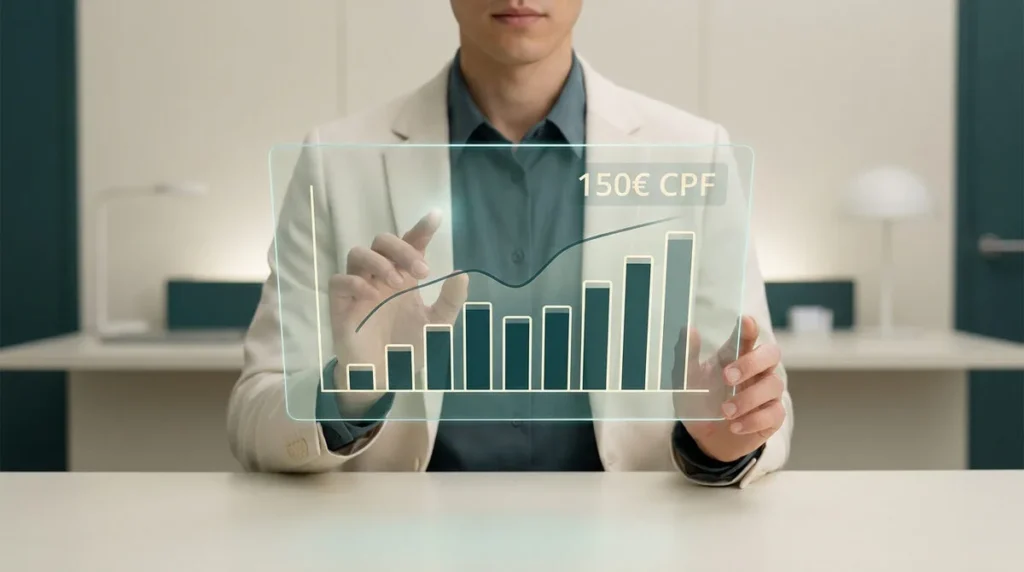 Homme d'affaires interagissant avec un graphique holographique affichant 150€ CPF.