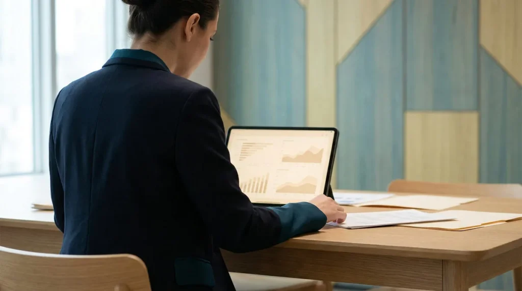 Une femme d'affaires consulte des graphiques financiers sur une tablette dans un bureau moderne.