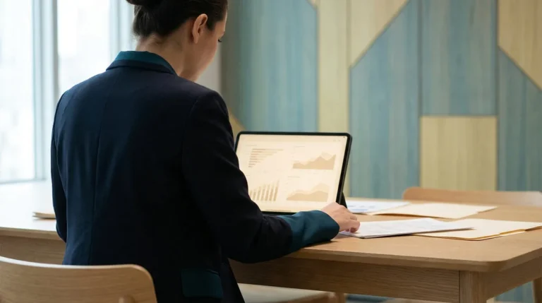 Une femme d'affaires consulte des graphiques financiers sur une tablette dans un bureau moderne.