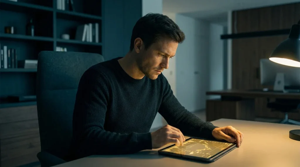 Un homme concentré consulte des graphiques financiers sur sa tablette dans un bureau sombre.