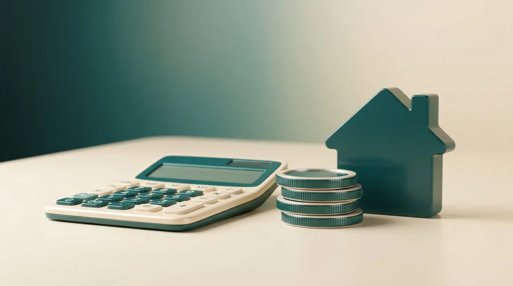 Une calculatrice et des pièces empilées à côté d'une figurine de maison sur une table.