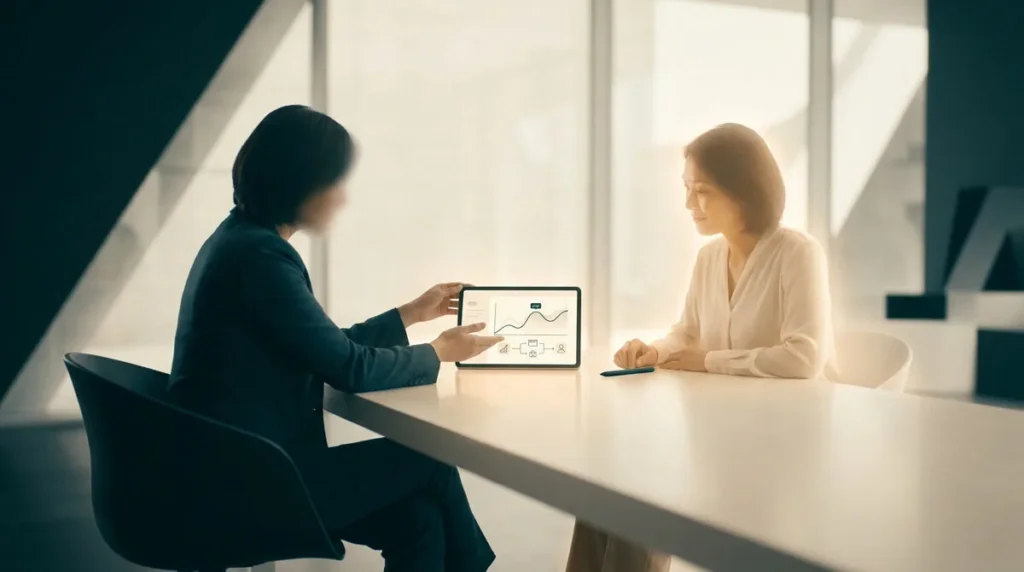 Une conseillère présente une tablette avec des graphiques financiers à une cliente lors d'un entretien dans un bureau.