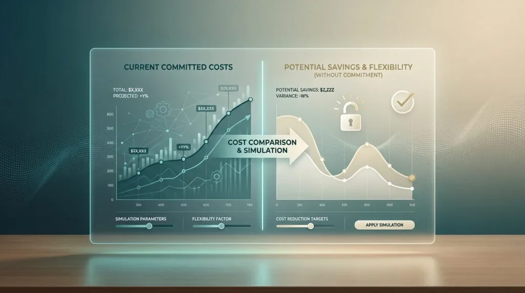 Interface graphique montrant une comparaison entre les coûts actuels et les économies potentielles sans engagement.