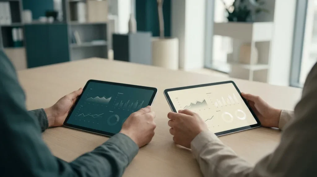 Deux personnes comparent des graphiques financiers sur des tablettes numériques dans un bureau moderne.