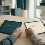 Deux personnes comparent des graphiques financiers sur des tablettes numériques dans un bureau moderne.