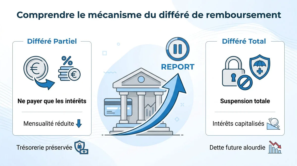 Schéma explicatif du différé de remboursement pour un prêt immobilier