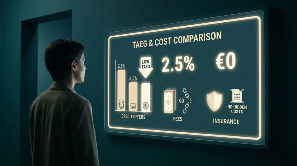Une personne regarde un écran affichant une comparaison du TAEG et des coûts de crédit sans frais cachés.