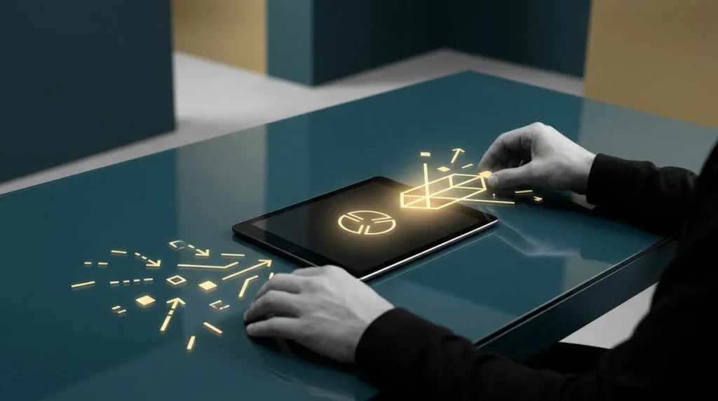 Mains manipulant des icônes numériques lumineuses sur une tablette et une table sombre.