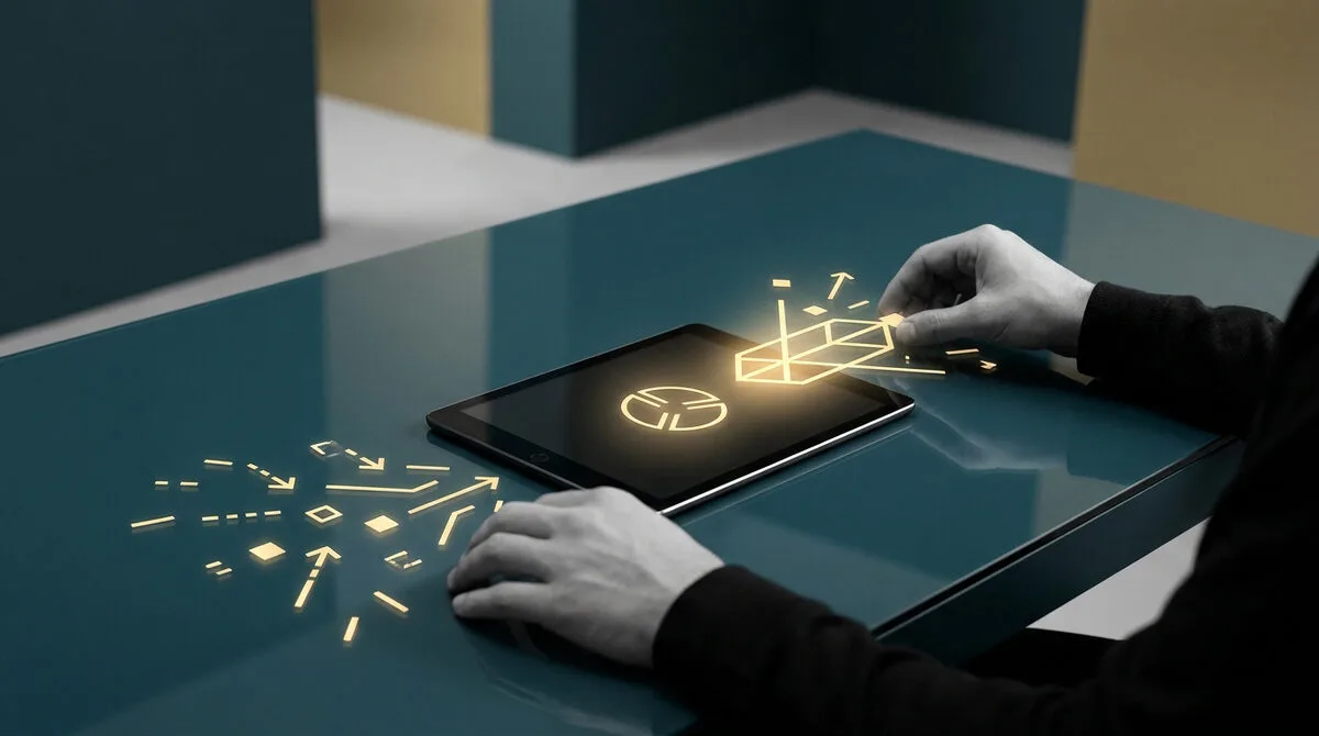 Mains manipulant des icônes numériques lumineuses sur une tablette et une table sombre.