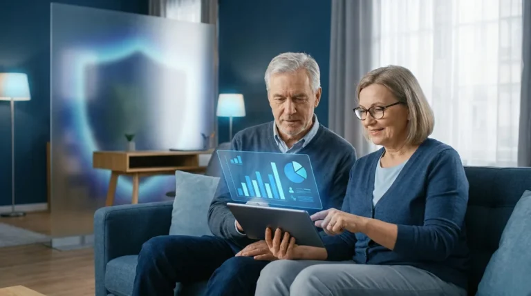 Un couple de seniors consulte des données financières sur une tablette avec une interface numérique en réalité augmentée.