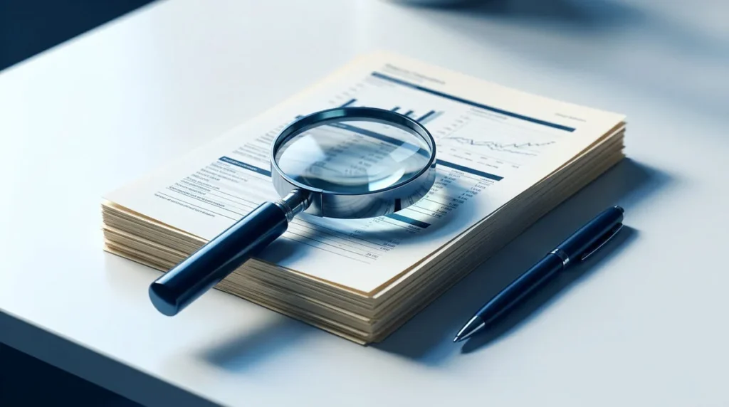 Une loupe posée sur un dossier financier avec un stylo à côté, sur une table blanche.