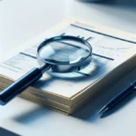 Une loupe posée sur un dossier financier avec un stylo à côté, sur une table blanche.