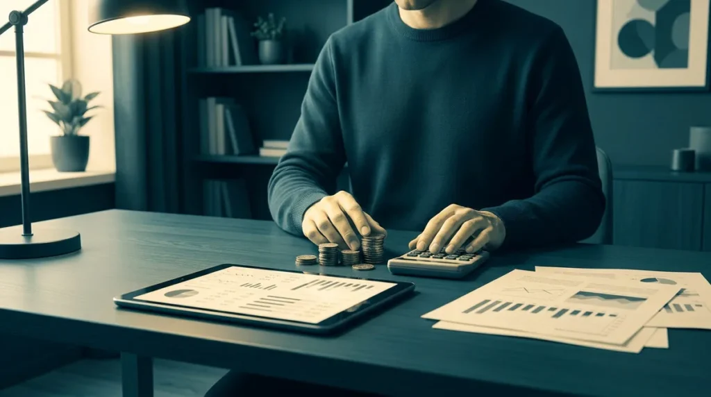 Homme travaillant à son bureau avec une tablette, une calculatrice et des pièces de monnaie pour gérer son budget.