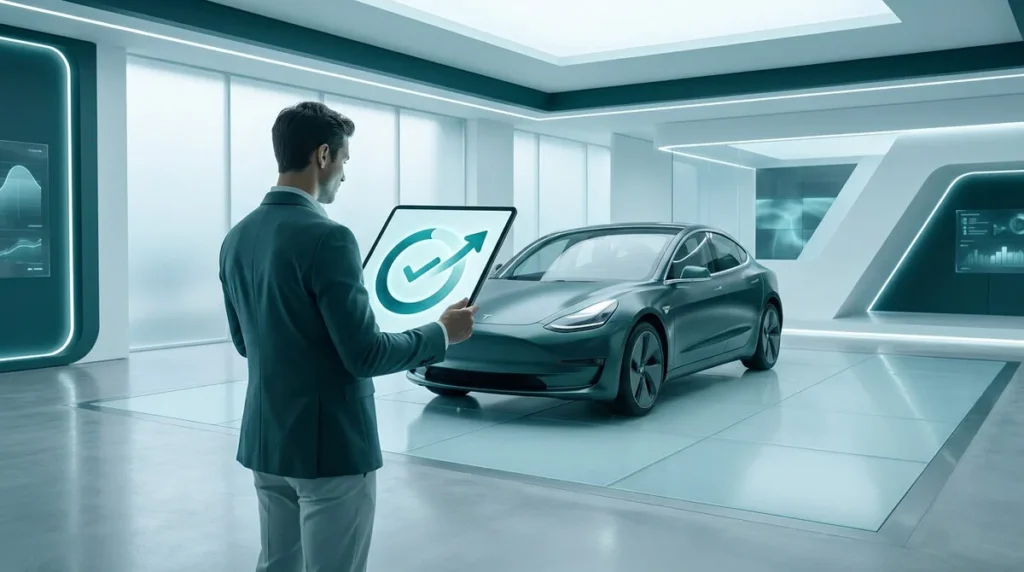Un homme en costume utilisant une tablette numérique devant une voiture électrique dans un showroom futuriste.