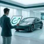 Un homme en costume utilisant une tablette numérique devant une voiture électrique dans un showroom futuriste.