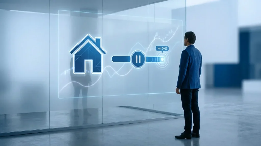 Un homme d'affaires regarde une interface holographique affichant une icône de maison et un bouton de pause.