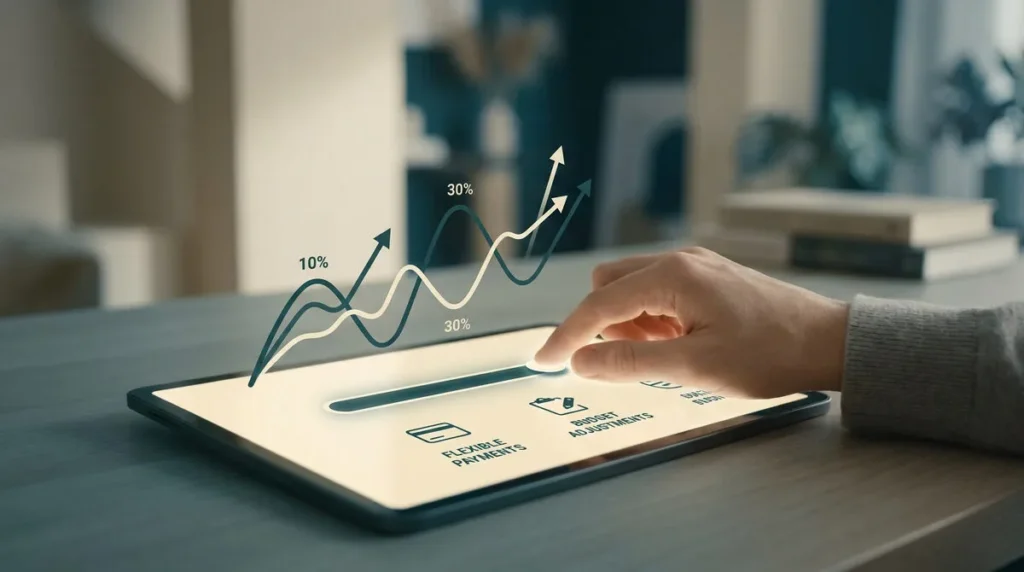 Une main utilise une interface tactile sur une tablette pour ajuster des graphiques financiers avec des pourcentages.