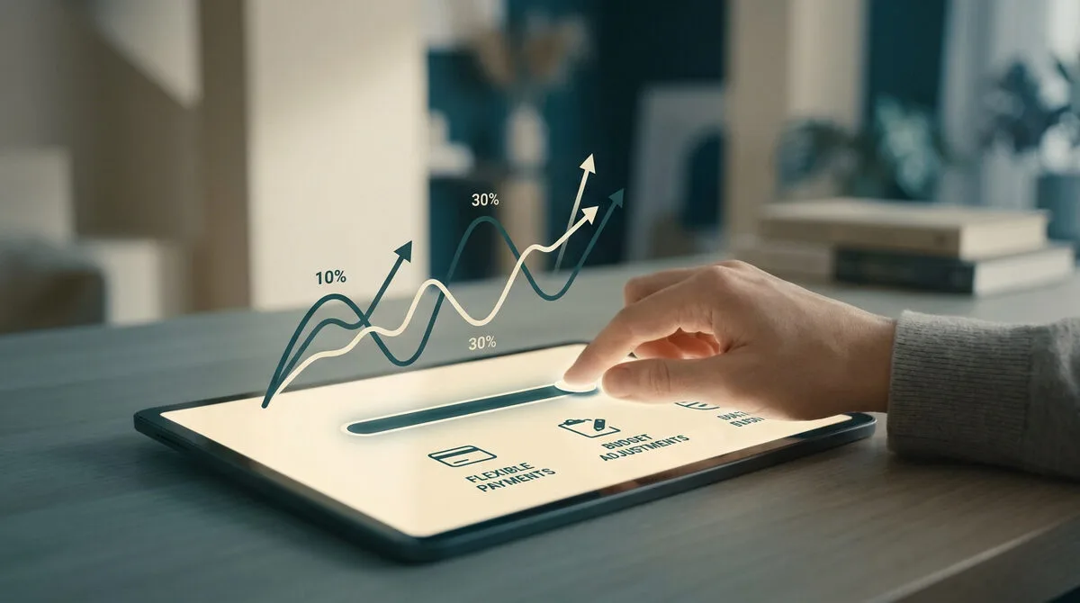 Une main utilise une interface tactile sur une tablette pour ajuster des graphiques financiers avec des pourcentages.
