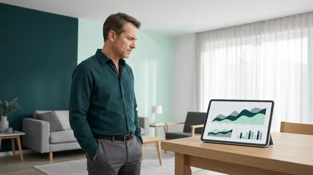 Un homme préoccupé regarde une tablette affichant des graphiques financiers dans un salon moderne.