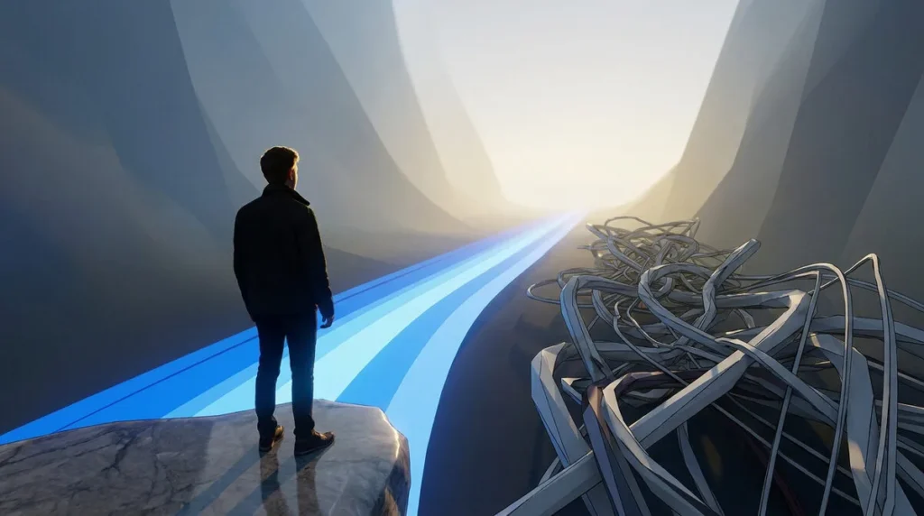 Un homme regarde un chemin lumineux qui s'écarte d'un enchevêtrement de lignes complexes et chaotiques.