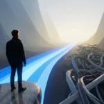 Un homme regarde un chemin lumineux qui s'écarte d'un enchevêtrement de lignes complexes et chaotiques.