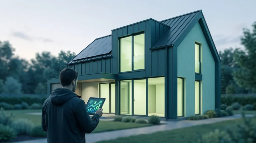 Un homme tenant une tablette affiche un graphique financier devant une maison moderne équipée de panneaux solaires.