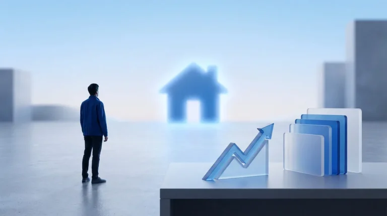Un homme regarde une icône de maison bleue au loin avec un graphique de croissance financière au premier plan.