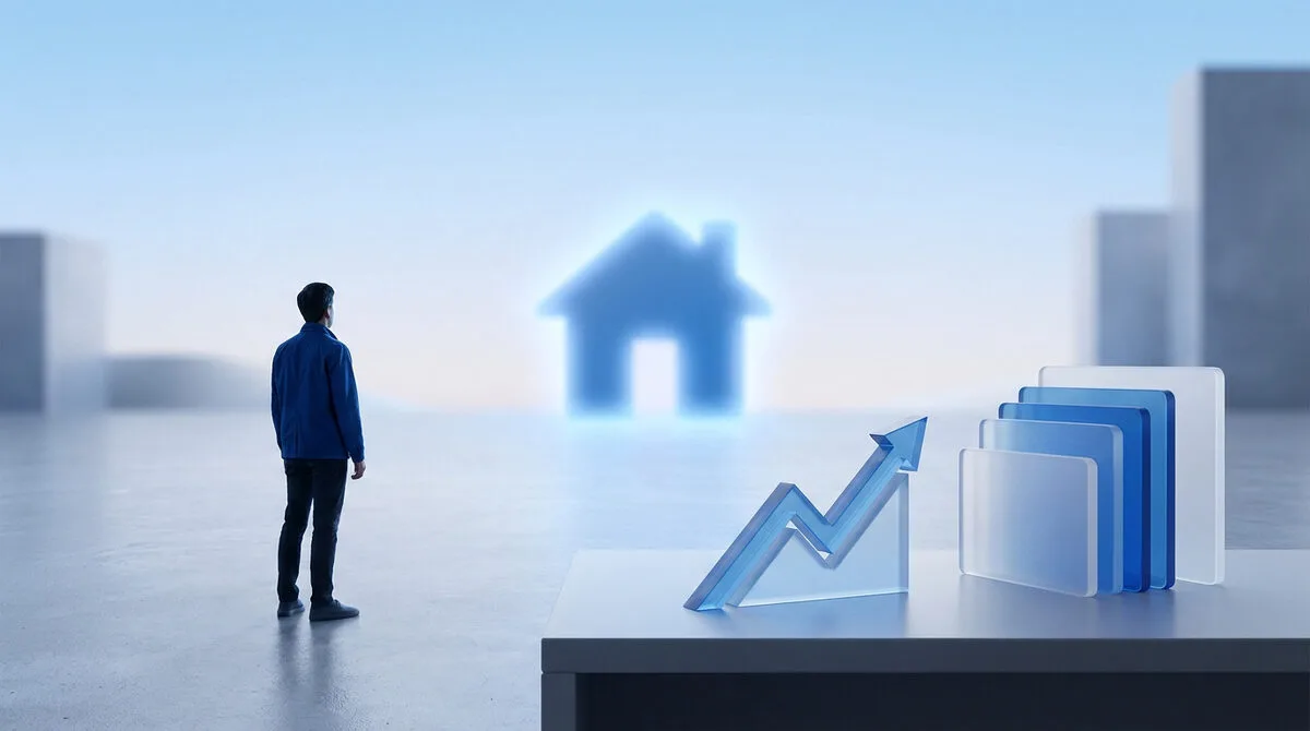 Un homme regarde une icône de maison bleue au loin avec un graphique de croissance financière au premier plan.