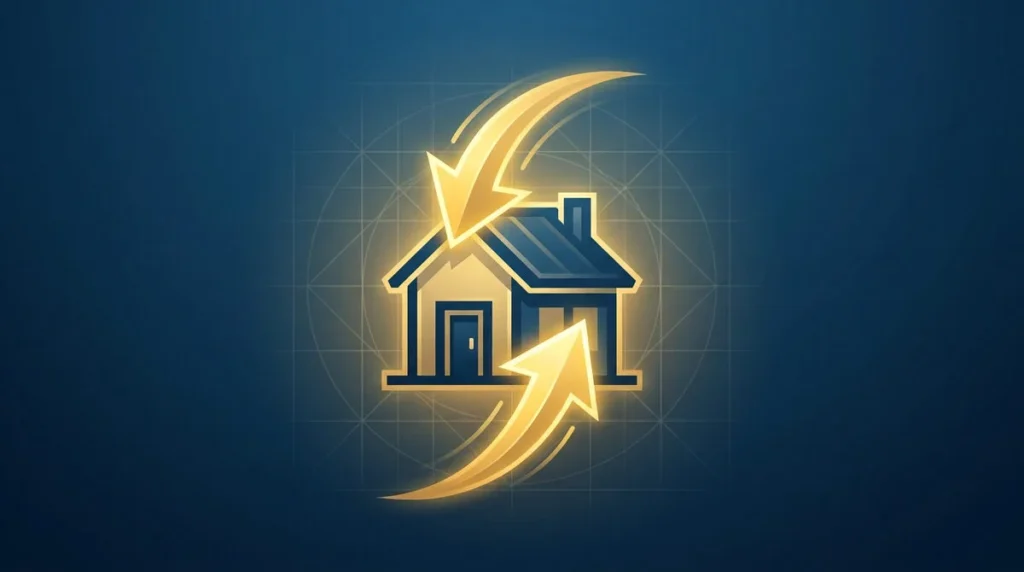 Icône lumineuse d'une maison entourée de deux flèches dorées symbolisant le changement de prêt immobilier.