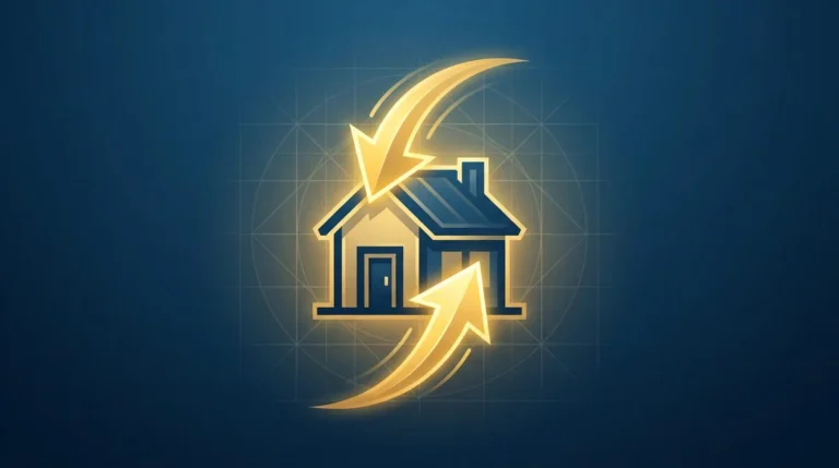 Icône lumineuse d'une maison entourée de deux flèches dorées symbolisant le changement de prêt immobilier.