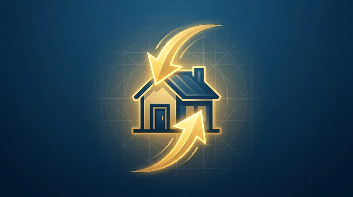 Icône lumineuse d'une maison entourée de deux flèches dorées symbolisant le changement de prêt immobilier.